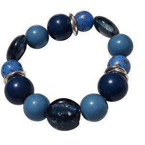 Retro Blue Black Beaded Chunky Stretch Bracelet Silver Accents Fashion Jewelry